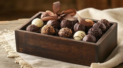 A rustic wooden box filled with assorted truffles, tied with a chocolate-brown ribbon, placed on a textured surface