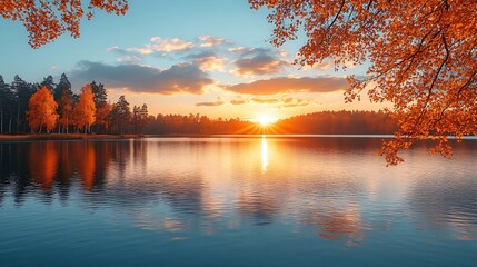 Autumn sunset lake reflection gold trees