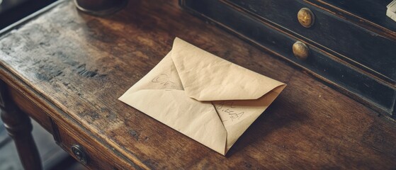 Vintage Sealed Envelope on a Rustic Wooden Table Surface