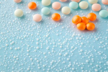 Assorted Colorful Pills and Tablets on Textured Blue Background Medical Healthcare Concept