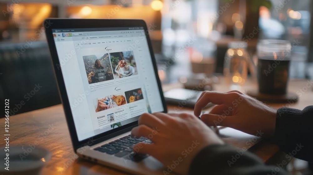 Poster person working on website design on a laptop in a cafe setting with a dark drink