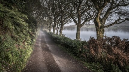 Misty Country Road Flanked by Trees beside Serene Lake Tranquil Landscape Early Morning Peaceful Nature Scene