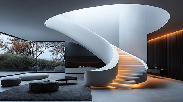 Modern home interior with illuminated spiral staircase, fireplace, and large window overlooking nature.