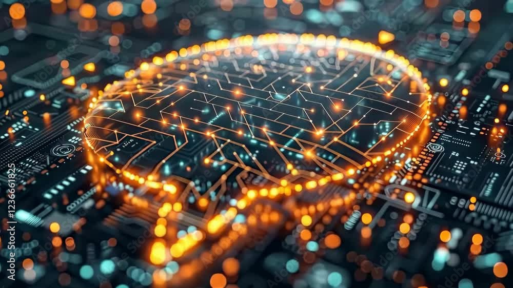 Poster glowing circuit board brain symbolizing artificial ligence technology and neural networks