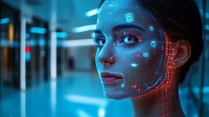 Futuristic woman's face with digital interface overlay.