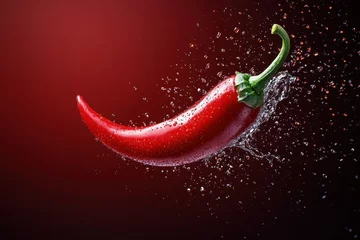 hot chili pepper dripping Concept. Bright red chili pepper with droplets, set against a dark background, creating a dynamic splash effect.