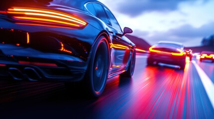 Naklejka premium Dynamic Night Scene of Sport Cars on Highway with Motion Blur Effects