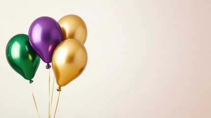 Cluster of green, purple, and gold balloons against a light background. Mardi Gras concept.