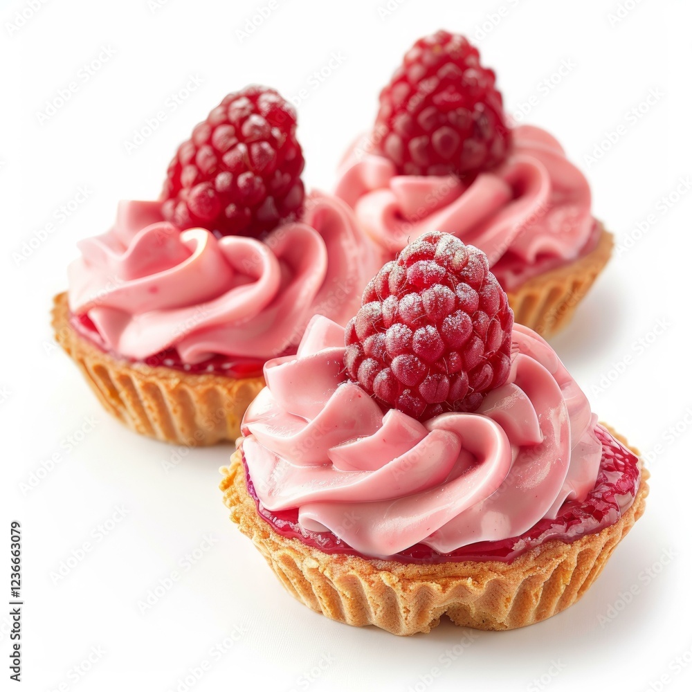 Poster three appetizing raspberry tarts topped with pink cream and fresh raspberries create a visually appe