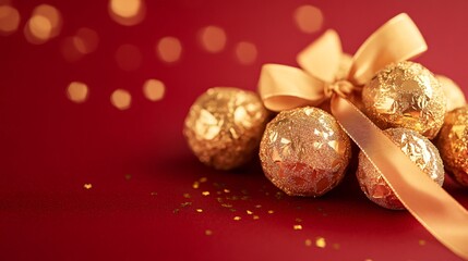 Handcrafted milk chocolate truffles wrapped in gold foil, tied with a delicate ribbon, set against a festive red backdrop