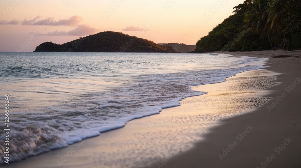 Poster sunset over tranquil beach with gentle waves caressing the shore in a serene tropical setting