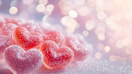 This enchanting image features glittering heart-shaped candies in a dreamy soft-focus setting, perfect for conveying love, romance, and sweetness in your projects.