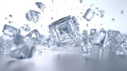 Falling ice cube, isolated on transparent background, selective focus. Flying ice cubes with blur effect . Realistic 3d vector illustration