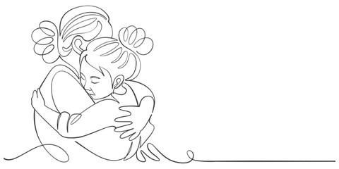 Mother and daughter line art style vector illustration	
