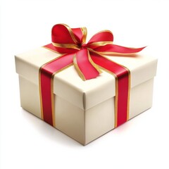 Obraz premium Elegant ivory gift box wrapped with red and gold ribbon for celebrations and occasions