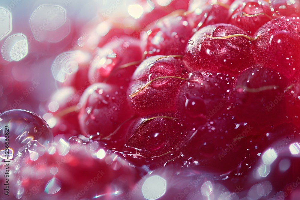 Poster macro view of a fresh raspberry glistening with water droplets, creating a vibrant and refreshing im