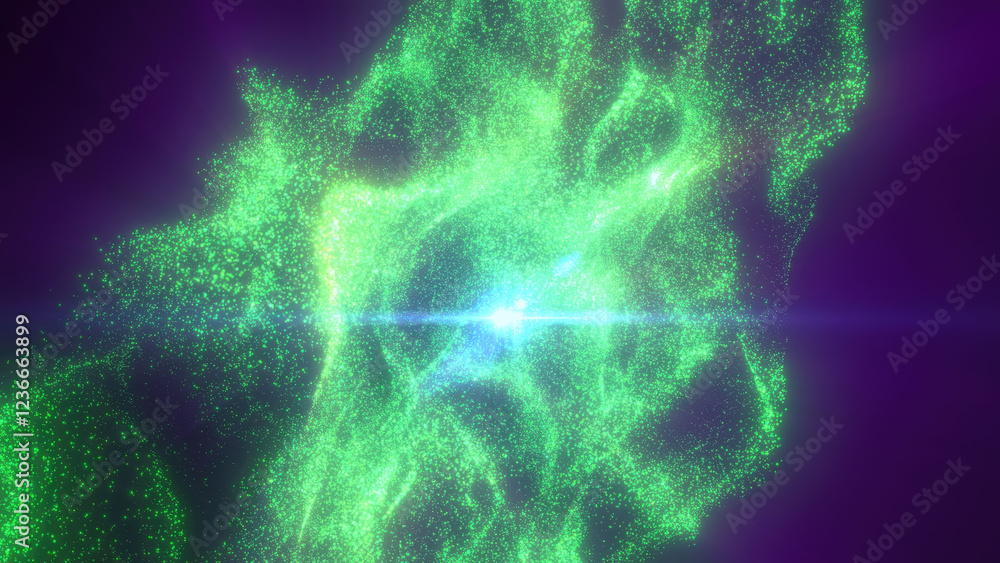 Aufkleber an ethereal green glowing form with particle effects, set against a dark background, creating a myst