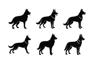 Various German Shepherd silhouettes in black on white background
