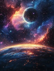 Obraz premium Galactic Wonderland of Swirling Stars and Luminous Planet Covered in Glowing City Lights