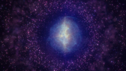 Pink and purple glowing nebula sphere with a swirling core, surrounded by particles, set in a fantasy-like cosmic atmosphere background