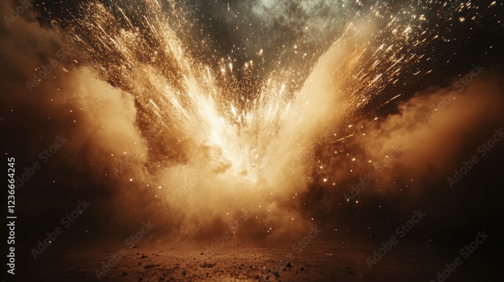 Poster explosive display creates a dramatic burst of light and debris in a darkened environment during a ni