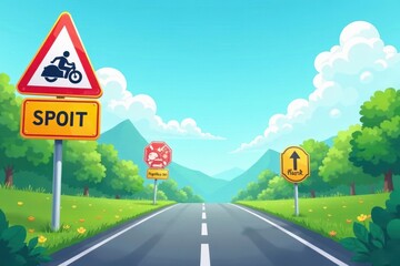 Colorful road signs with cartoon style driving tips , car, illustration