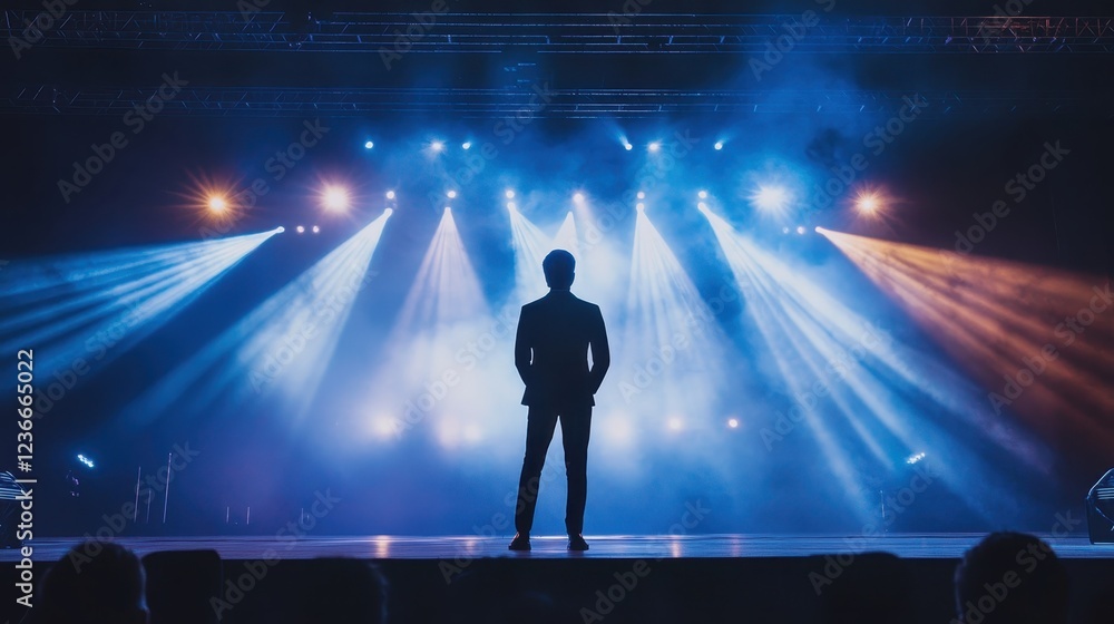Poster performer stands in spotlight surrounded by dynamic stage lighting during a theatrical event in an u
