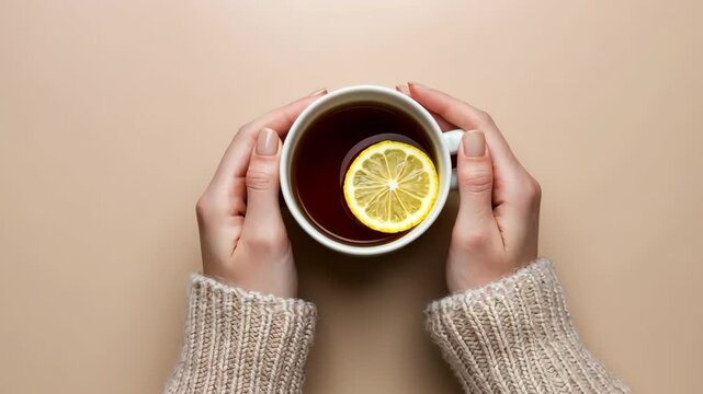Woman with Herbal Tea banner. Female hands in warm sweater holding a cup of tea with lemon on beige. Top view, copy space. Cozy atmosphere, aesthetic minimal style. Autumn and winter theme. Vitamins