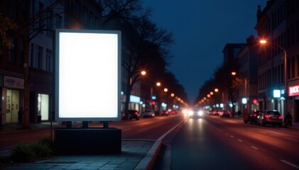 Blank black billboard on city street at night, streetlight, dark