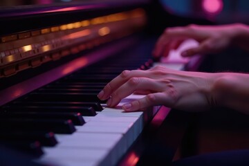 Obraz premium Elegant hands on piano keys, playing a nocturne, art, instrument