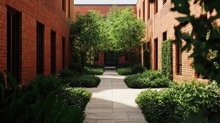 Serene Pathway Through Lush Greenery in Modern Urban Environment