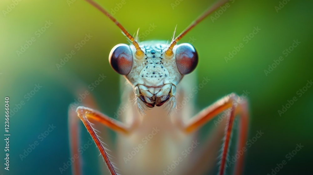 Poster close-up of a vibrant dragonfly resting on a leaf in a colorful garden during late afternoon hours