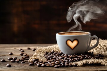 Steaming coffee cup with heart shape on wooden table, surrounded by coffee beans.