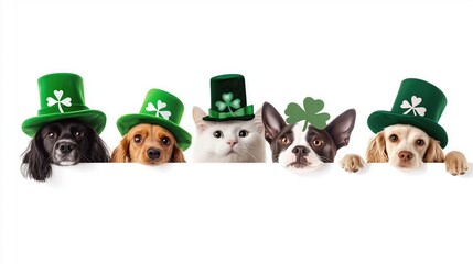Dogs and a cat wearing green St. Patrick's Day - themed hats with four - leaf clovers.