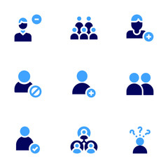 User icon set. Bold style. Duotone colors. block user, check, user, crown, add, question, user experience, remove user, add user