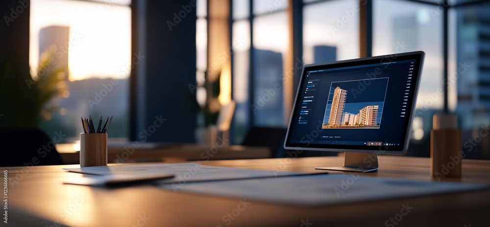 Poster architectural design on computer screen with city view in background and papers on desk