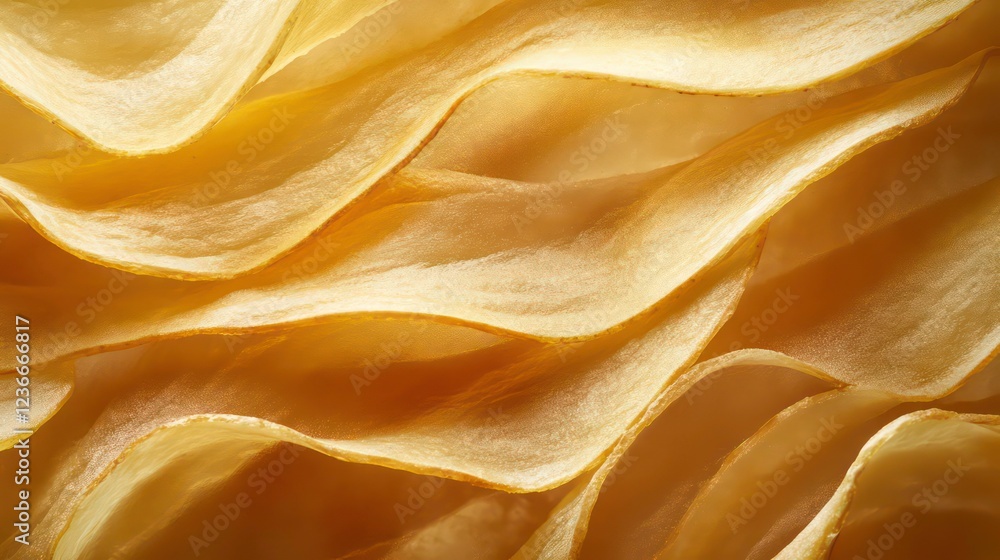 Poster Close-up of thin, wavy, translucent, golden-yellow slices, overlapping and creating a textured pattern.