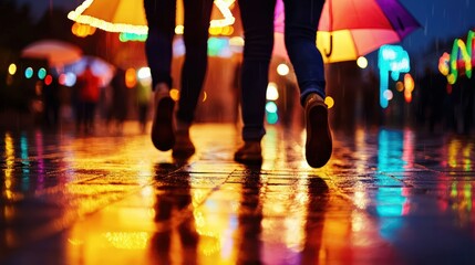 Fototapeta premium Group of People Walking with Colorful Umbrellas on a Rainy Night in a Vibrant City