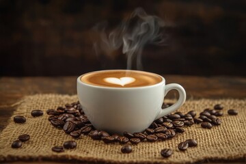 Steaming latte art coffee cup on burlap with beans.