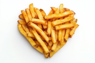 Heart-shaped golden French fries isolated on a white backdrop. Generative Ai