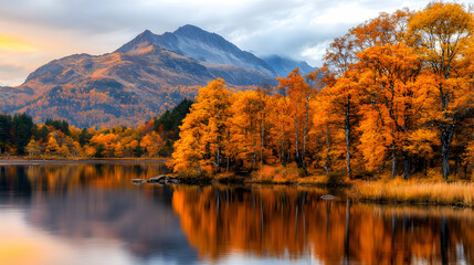 Obraz premium Autumn lake reflection, mountain backdrop, peaceful scene