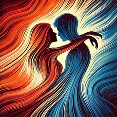 vector design of silhouette of a couple of lovers with red and blue lines