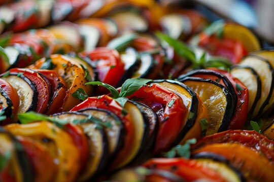 Sliced zucchini, tomatoes, eggplant, and herbs are layered and baked in a traditional french tian