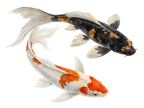 Illustration of A pair of koi fish, one orange and white and the other black and gold, swimming, isolated on a transparent background