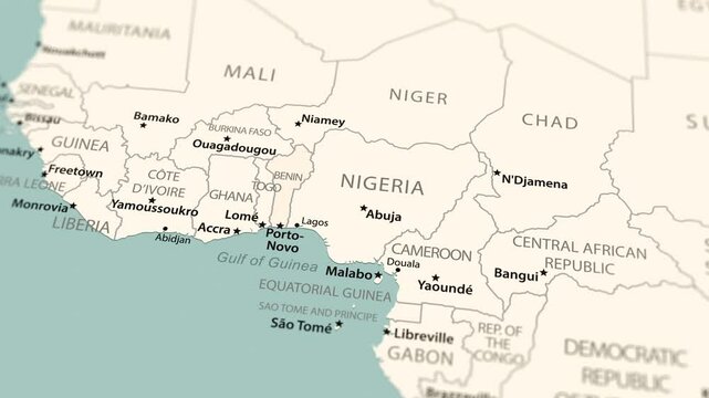 Benin on the world map. Smooth map rotation. 4K animation.