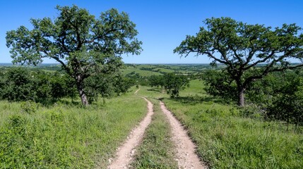 Obraz premium Rural dirt road descends into grassy valley. Landscapes background, ideal for travel brochures