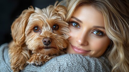 Woman cuddling fluffy dog, indoor portrait, cozy sweater, dark background; website header