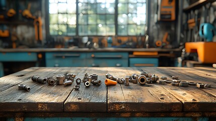 Assorted metal parts and fittings on a rustic wooden workbench in a workshop.