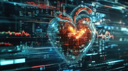 Abstract technology background featuring dynamic financial heart and stock market graphics