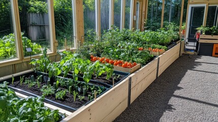 Sunlit Greenhouse Garden Bounty: Vibrant Vegetables Thriving in Wooden Raised Beds